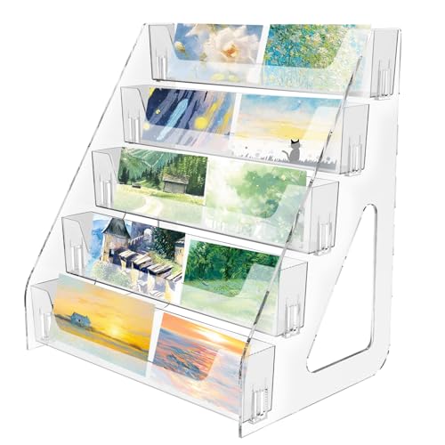 5 Tiers Greeting Card Display Stand Clear Acrylic Card Display Stand Portable Christmas Greeting Cards Rack Stamp Postcard Mail Holder for Craft Market Retail Counter Home Studio Flash Store