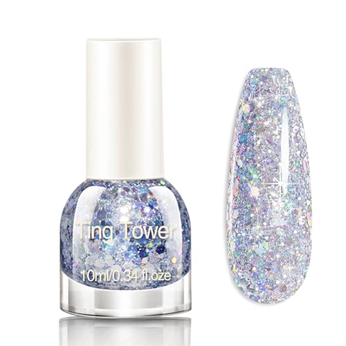 Glitter Nail Polish - 10ml Flash Shinny Sliver Nail Varnish - Quick Drying & Long Lasting Iridescent Chunky Glitter Gel Polish - No Need Baking & Easy to Apply Nail Polish for Women