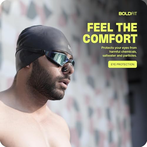 Image of Boldfit Swimming Cap Goggles with Ear & Nose Plug Set for Men Swimming Cap & Goggles for Women Combo with Anti Fog Adjustable Strap for Training Set Black