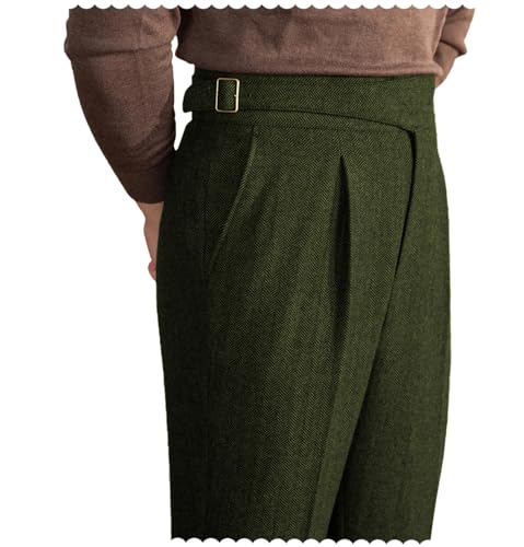 Men Trousers Vintage Tweed Blend Pants Herringbone Slim Fit Pleat-Front Pant ArmyGreen32W×32L