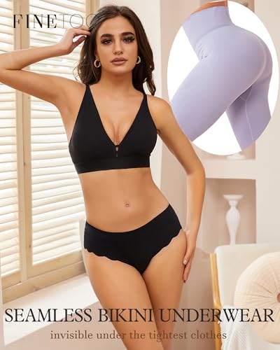 Image of FINETOO 6 pack Seamless Underwear for Women Sexy Low Rise Hipster Wave Edge No Show Bikini Panties Womens Cheeky S-XL