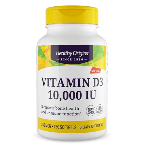 Healthy Origins Vitamin D3 10,000 IU (250mcg), 120 Liquid Softgels - Supports Strong Bones, Healthy Teeth & Immune System Function - Non-GMO, Gluten-Free & Soy-Free