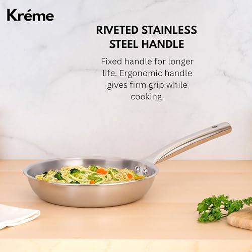Image of Kreme Platina Triply Stainless Steel Frying Pan - 1.85 L, 24 cm | 2.5 mm Thick Tri ply Cookware | Heavy-Bottom Frypan for Healthy, Low-Oil Cooking | Induction and Gas Compatible | Scratch Resistant