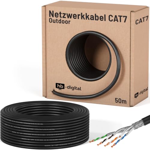 HB-DIGITAL 50m CAT 7 Netzwerkkabel Outdoor LAN Kabel Verlegekabel S/FTP AWG23 doppelt geschirmt PiMF reines Kupfer max 10Gbit/s Netzwerk Installation Ethernet Datenkabel für Außenbereich - Schwarz