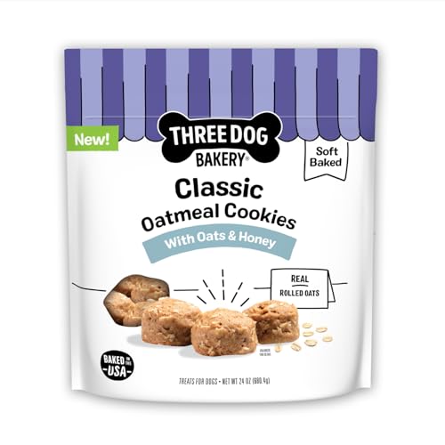 Three Dog Bakery Classic Oatmeal Cookies for Dogs, Baked Puppy Treats with Real Oats, 24 oz