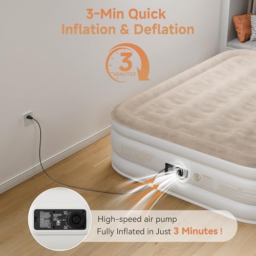 Sebor Air Mattress with Built-in Pump, Comfortable Self-Inflating Air Mattress with High-Speed Pump, Durable Blow Up Mattress Twin with Storage Bag for Guests, Camping (Khaki White, 18