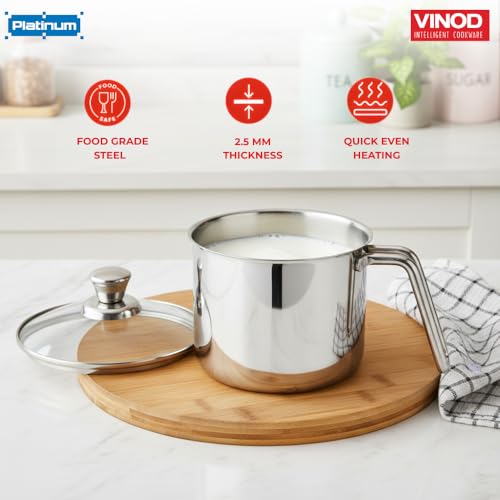 Image of Vinod Platinum Triply Stainless Steel Milk Pot 14 cm (2 Litre) with Handle, Glass Lid & Steam Vent | Use as Milk Boiler & Milk Boiling Pot, Tea Pan and Coffee Warmer | Gas & Induction Compatible
