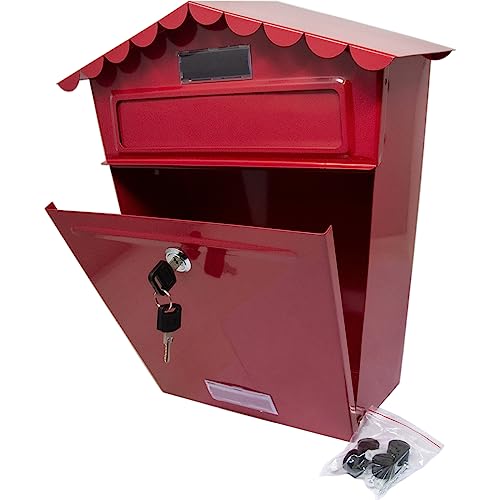 Steel Post Box Large Mailbox - Wall Mounted Parcel Delivery | Powder Coated - For Home Use & Outside on Sheds, Garages, Walls, Gates - Red Mail Box with 2 Keys | Lockable Letter - Keep Your Mail Safe