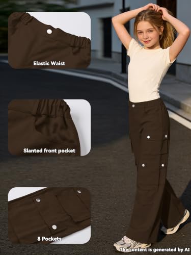 Image of SANGTREE Girls Wide Leg Cargo Pants Multi Pocket,6-14 Years | Cotton High Waist Baggy Trousers with Pockets Teen Y2K Streetwear School Pants| Back-to-school,Outdoor Play