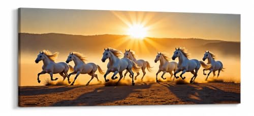 Image of 7 Horse Vastu Sunrise Canvas Painting | Positive Energy Wall Decor | Big Size Premium Running Horses Artwork for Home, Office & Hall Decoration (Modern, Golden Horse, 44x20 Inch)