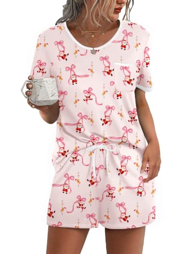 Image of Ekouaer Pajamas for Womens Set 2 Piece Soft Sleepwear, Chest Pocket | Comfy Pjs, Casual Lounge Set, Short Sleeve Tops and Drawstring Shorts, Loungewear for Spring Summer Fall Winter