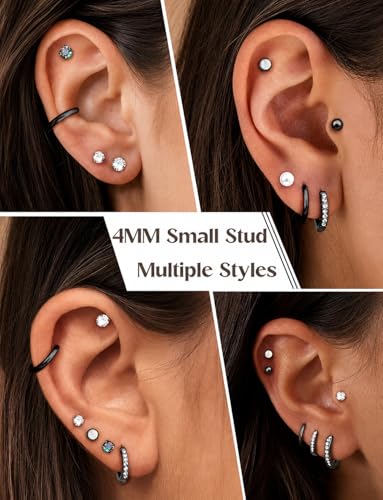 Image of Shining Diva Fashion 12 Pairs Anti Tarnish Earrings Combo Set | 14K Gold Plated | Hypoallergenic Stainless Steel Earring for Sensitive Ears | Flat Back Stud Hoop Cartilage Earring for Multiple Piercing