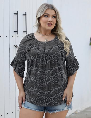 Image of Micoson Womens Plus Size Tops 3 /4 Ruffle Sleeve Crewneck Pleated Shirts