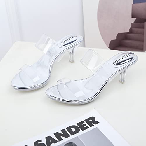 Image of NBUUNBU Clear Heels for Women Silver Black Heels Little Platform Sexy High Heels Sandals Stiletto Kitten Open Toe Dress Shoes Comfortable Double Transparent Strap Heeled Sandals Mule