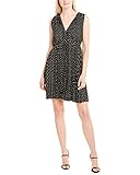 Max Studio Women's V-Neck Pleated Shift Dress, Black/Off White Dot, Large