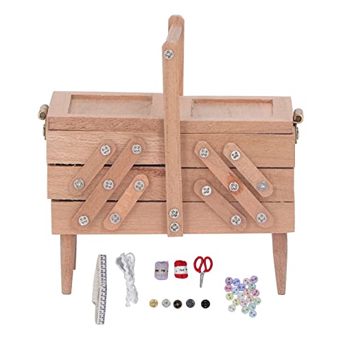 Caja de costura para casa de muñecas 1:12 en madera de abedul con mini tijeras e hilos