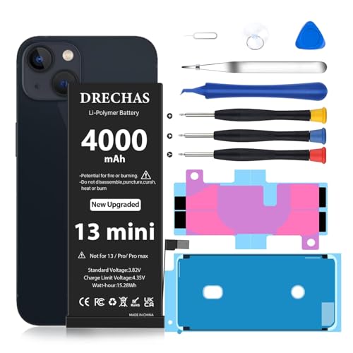 DRECHAS [4000mAh] Battery for iPhone 13 Mini 2026 New 0 Cycle Li-Polymer Replacement Battery for iPhone 13 Mini Models A2628 A2481 A2626 A2629 A2630 with Complete Professional Repair Tool Kit