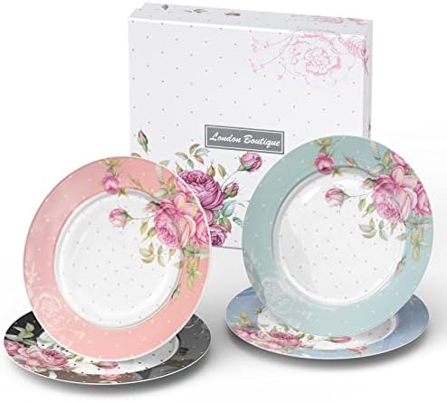 London Boutique Side Plates Cake Dessert Plates Afternoon Tea Plates Set of 4 Multicolours New Bone China Vintage Flora Gift Box 7.5inches (Roses)
