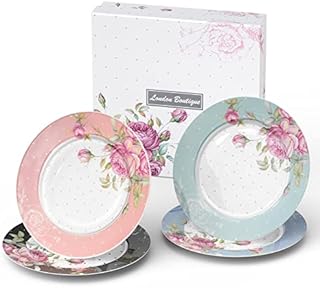 London Boutique Side Plates Cake Dessert Plates Afternoon Tea Plates Set of 4 Multicolours New Bone China Vintage Flora Gift Box 7.5inches (Roses)