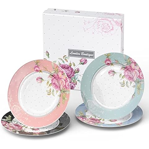London Boutique Side Plates Cake Dessert Plates Afternoon Tea Plates Set of 4 Multicolours New Bone China Vintage Flora Gift Box 7.5inches (Roses) Cover