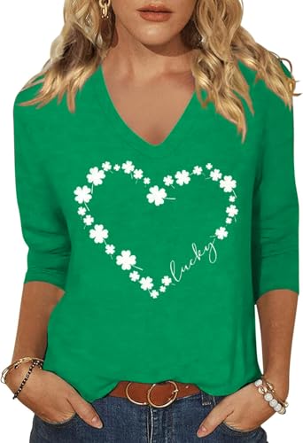 Image of Woffccrd Womens 3 /4 Sleeve V Neck T-Shirts Valentina's Day Spring Shirts Love Heart Printed Graphic Tees