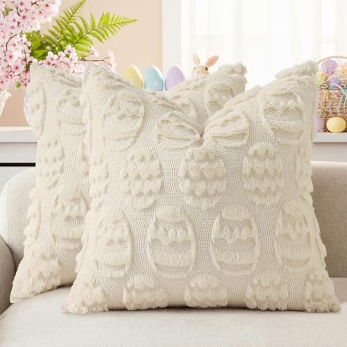 Image of decorUhome Easter Beige Egg Pillow Covers 18x18 Inch Set of 2, Soft Plush Faux Wool Jacquard Cushion Covers, Farmhouse Neutral Fuzzy Spring Easter Holiday Decor for Couch Sofa Bed