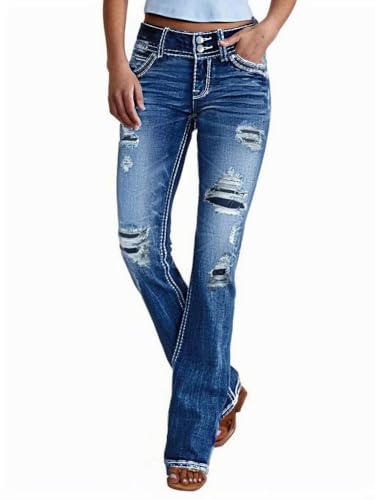 Bell Bottom Jeans for Women Stretch Distressed Ripped Flare Long Denim Pants Double-Button Closure Vintage Wash Boyfriend