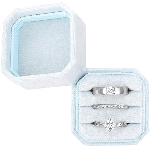 DesignSter Velvet Ring Box - Square, 3 Slots, Premium Wedding & Engagement Proposal Ring Bearer Box (Light Blue)