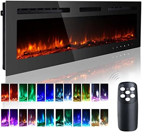 50 Inch Electric Fireplace Inserts, Quiet Wall Mounted Fireplace, Led Fireplace for Living Room, Recessed Electric Fireplace, Linear Fireplace, Logs & Crystal, 750/1500W