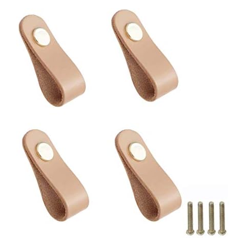 4 Pieces Leather Handles, Wardrobe Cabinet Door Handle Soft PU Leather Door Handles, Drawer Pulls Kitchen Pulls Knobs with 22mm Screws, for Cupboard Furniture Hardware, Single Hole-Beige Cover