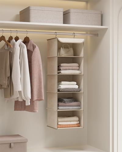 SONGMICS Hängeorganizer, Schrank-Organizer, Hängeregal, Hängeaufbewahrung, faltbar und platzsparend, Metallhaken und Bambus-Einsätze, leinenartige Textur, sandbeige RCH005Y01