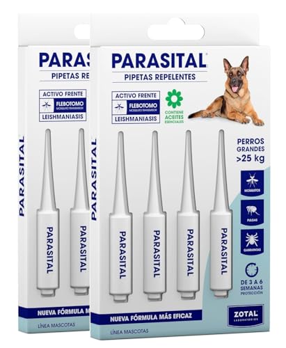 Zotal Parasital Pipetas para Perros Grandes   Pack 2 Blísteres de 4 Pipetas (8 en Total)   Protección Pulgas, Garrapatas y Mosquitos   Repelente Natural