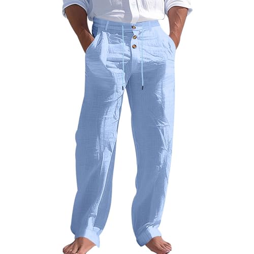 Men's Linen Button Straight Leg Pants, Drawstring Design Loose and Breathable with Pockets Yoga Beach Pants