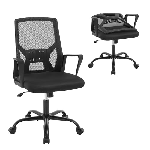 Klihome Ergonomischer Bürostuhl, Computerstuhl mit Faltbarer Rückenlehne, Höhenverstellbarer Arbeitsstuhl Drehstuhl, Netzstuhl mit Wippfunktion, Schwarz