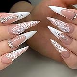 YOSOMK Stiletto Press on Nails Long with 3D Rhinestones Designs White Butterfly False Fake Acrylic Artificial for Women Stick Glue, A1 WHITE, 27 Piece Set