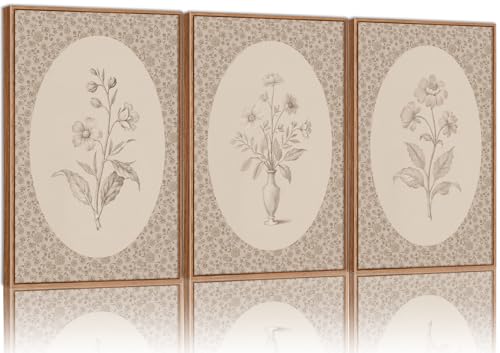 Rantodecor Vintage Flower Framed Canvas Wall Art Triptych, Rustic Floral