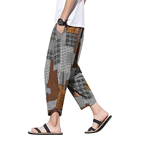 Doslavida Men's Casual Elastic Waist Linen Capri Pants Wide Leg Baggy Cotton Harem Yoga Trousers Loose Patchwork Shorts Yellow #TOP1