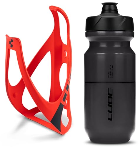 Cube HPP Cage - Red/Black & Flow Bottle - Black, 500ml / Water Drink Flask Vessel Bidon Holder Mount Bracket Kit Lightweight Plastic Drinking Hydration Biking Bike Riding Frame Accessories