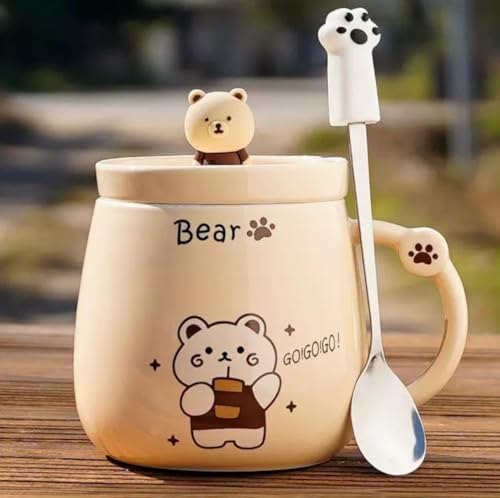NQQNQQ Bear/Beige 400ML Ceramic Coffee Mug with Lid and Claw Spoon, Cute Bear-Themed Mug for Tea & Coffee for Holidays and Celebrations