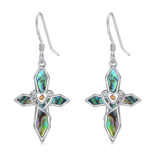 Mountain Mustard Seed Earrings for Women 925 Sterling Silver Abalone Shell Cross Dangle Drop Earring Christian Jewelry Outdoor Birthday Gifts
