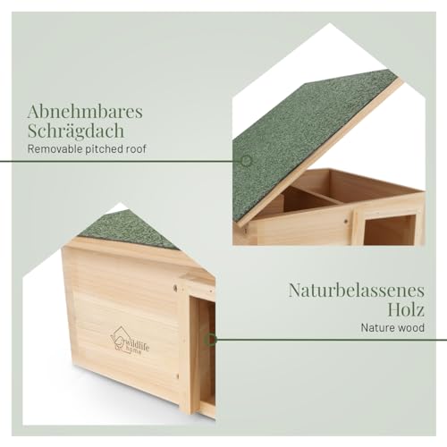 wildlife home Igelhaus Winterfest Groß XXL I aus Holz mit Boden & wetterfestem Dach I Igelfutterhaus I Katzensicher Igel Winterquartier für den Garten