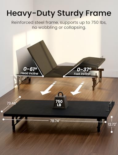 Image of King Size Adjustable Bed Frame with Wireless Remote, Zero Gravity & Head & Foot Incline, Heavy-Duty Steel Frame, Whisper-Quiet Motor, Easy Installation (79 inch L x 74 inch W x 12.72 inch H),Black A
