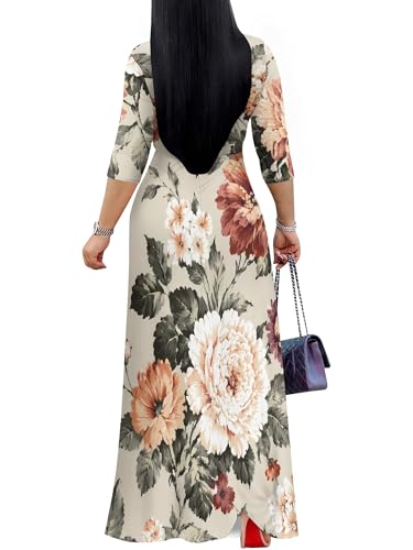 Image of Women Plus Size Long Sleeve V Neck Maxi Dress with Belt | Soft fabric relaxed fit three quarter sleeve v neck with pockets for party and daily wear