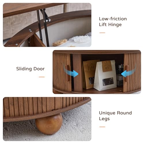 Image of Round Lift Top Coffee Table with Storage, Fluted Circle Coffee Table,Walnut | 33.5 inch Mid Century Modern Lift Top Coffee Table with Sliding Door & Solid Wood Legs, Circle Round Center Table for Living Room