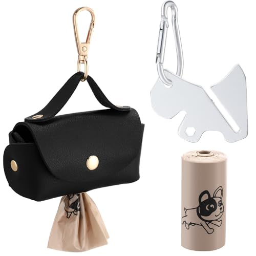 Image of Affrolling 5 Pcs Leather Dog Poop Bag Holder Christmas Include 45 Scented Poop Bags Dispenser Cute for Travel Walking Dog Park and Outdoor Use(Black)