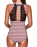 Tempt Me Women One Piece Swimsuits American Flag High Neck V-Neckline Mesh Ruch Swimwear M