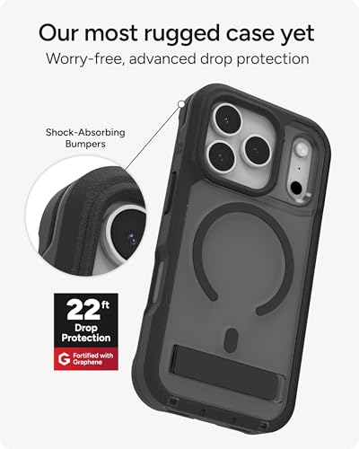 Image of ZAGG Rainier Case with Kickstand for iPhone 17 Pro - Smoke Black, Graphene 22ft (7m) Drop Protection, Lanyard Attach Points, MagSafe, Wireless Charging Compatible, 2-Piece Design, Phone Case