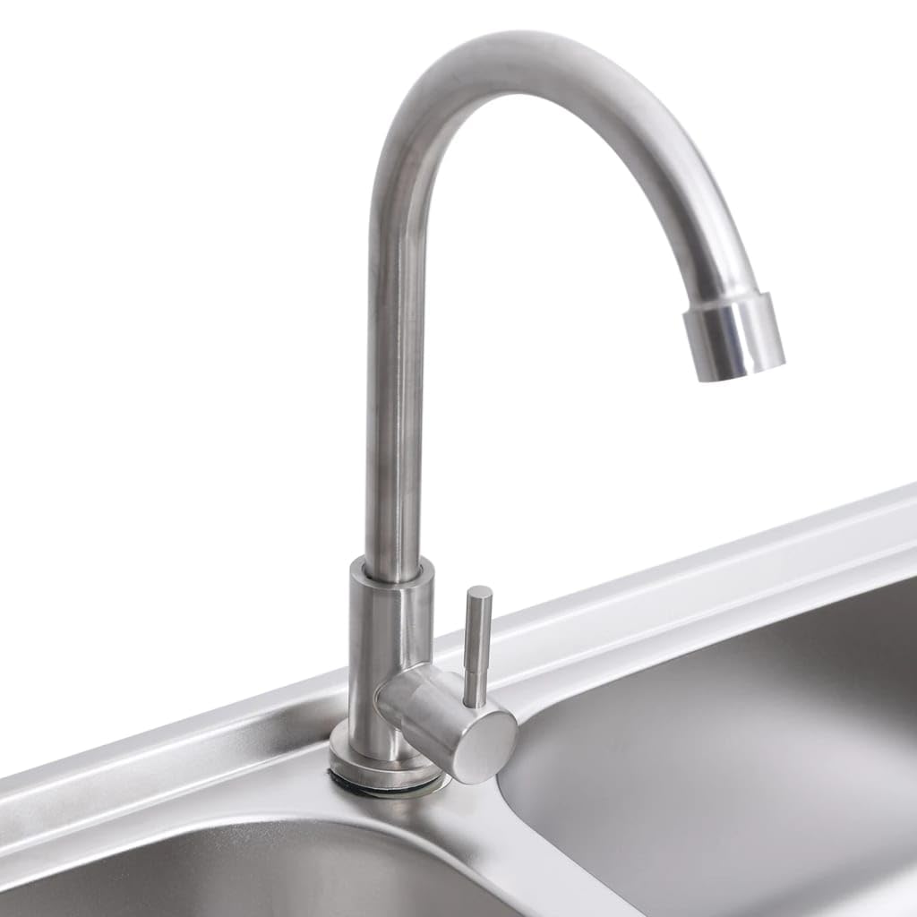 Fregadero de camping de acero inoxidable con doble lavabo, grifo y escurridor para exteriores, resistente a arañazos y golpes, apto para alimentos, repele la suciedad, fácil de limpiar, extraprofundo