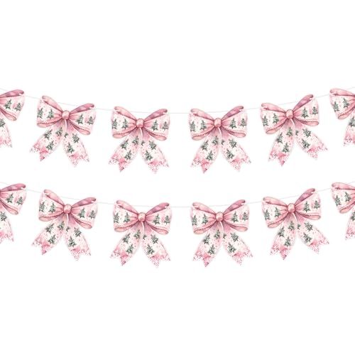 Image of Oudain 2 Pack Pink Bow Christmas Garland Banner Pink Coquette Christmas Bow Hanging Bunting Banner Flags for Xmas Birthday Bridal Shower Wedding Engagement Bachelorette Girl Baby Shower Supplies