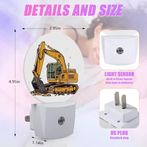 Image of Cartoon Excavator Night Light Mechanical Construction Truck Night Lights LED Lamp Round Plug into Wall Nightlight with Dusk to Dawn Sensor Home Hallway Stairway Kitchen Decor